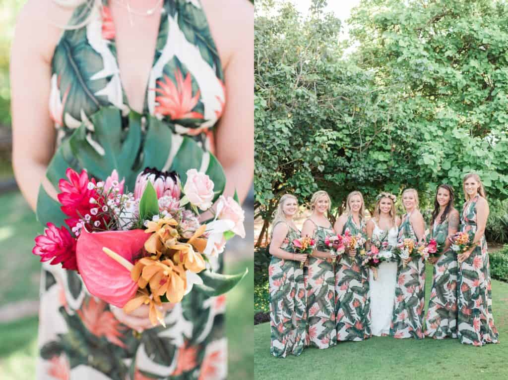 tropical bridesmaids at kauai plantation gardens wedding