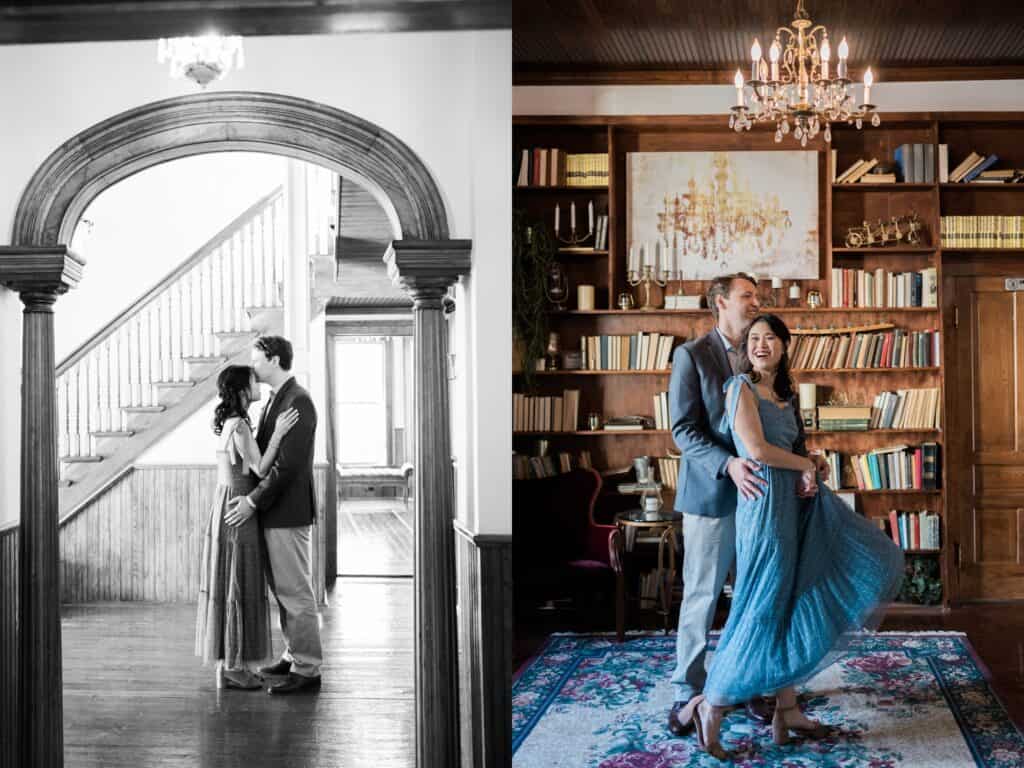the victorian youngsville engagement session in a library