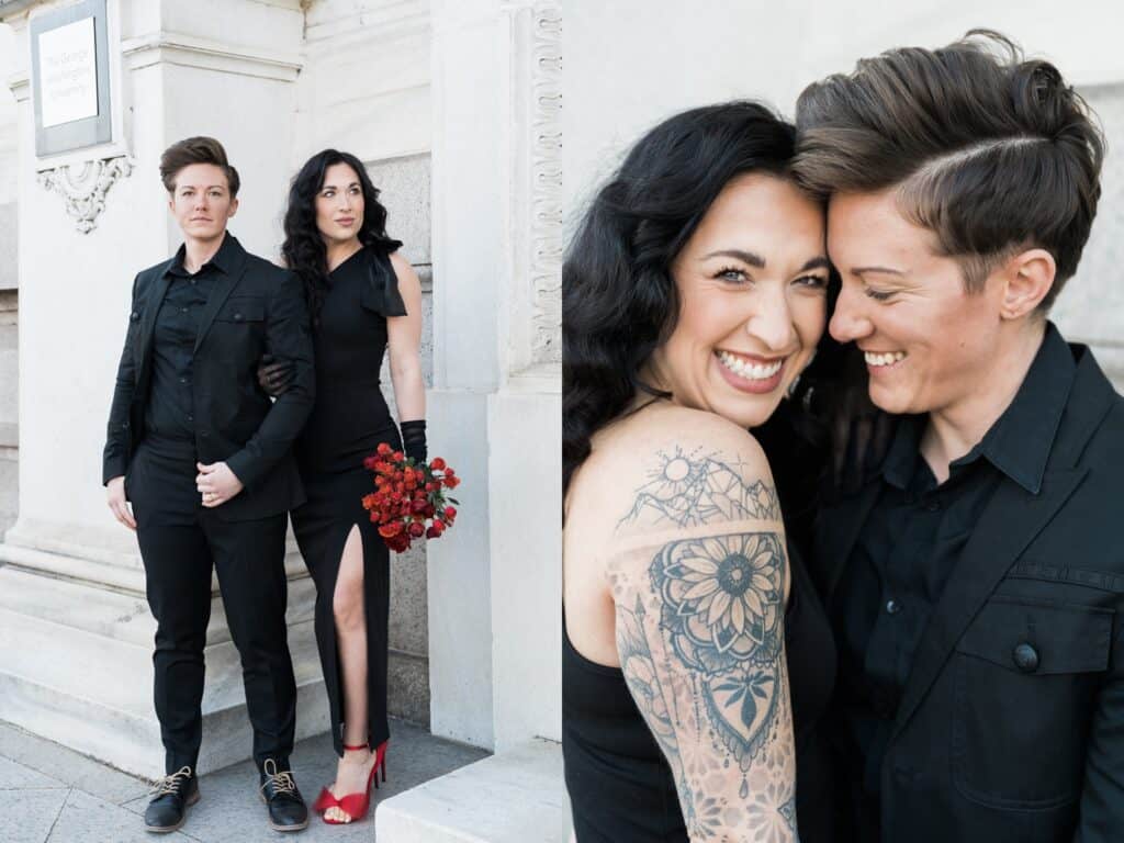 chapel hill lgbtq gay wedding photographer with couple in all black and red pops