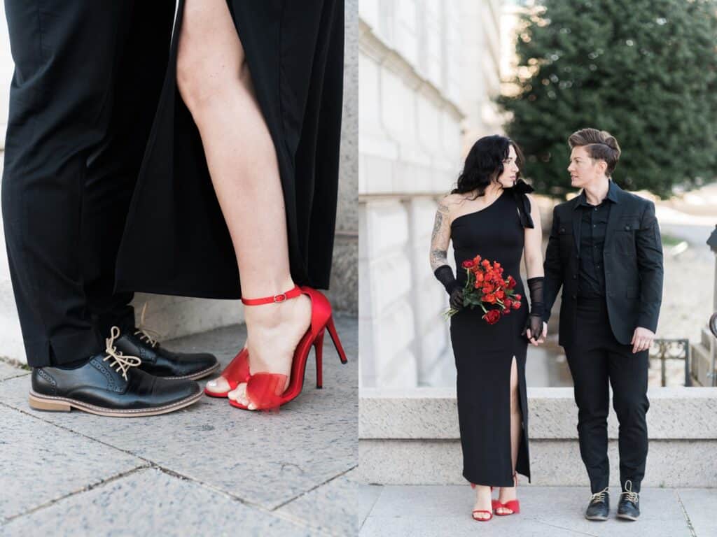 chapel hill lgbtq gay wedding photographer with couple in all black and red pops