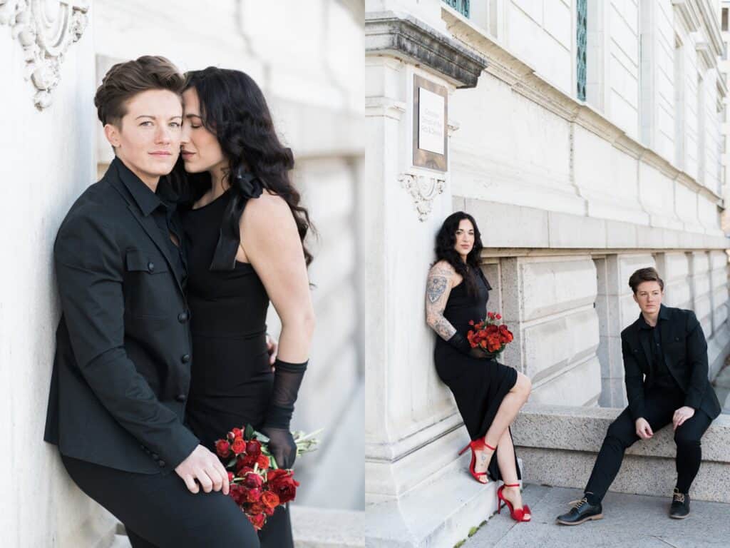 chapel hill lgbtq gay lesbian couples photographer near Raleigh with couple in all black and red pops