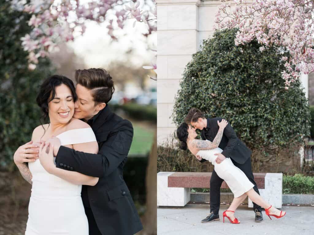 North Carolina lgbtq gay lesbian engagement photographer near Raleigh with couple in all black and red pops