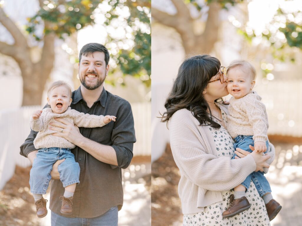 family photoshoot at historic oak view park in raleigh with mom and dad each kissing baby