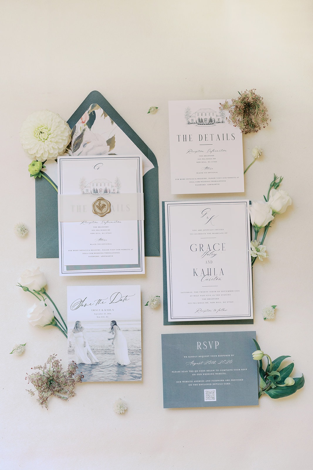 north carolina lesbian wedding invitation suite in cream and green