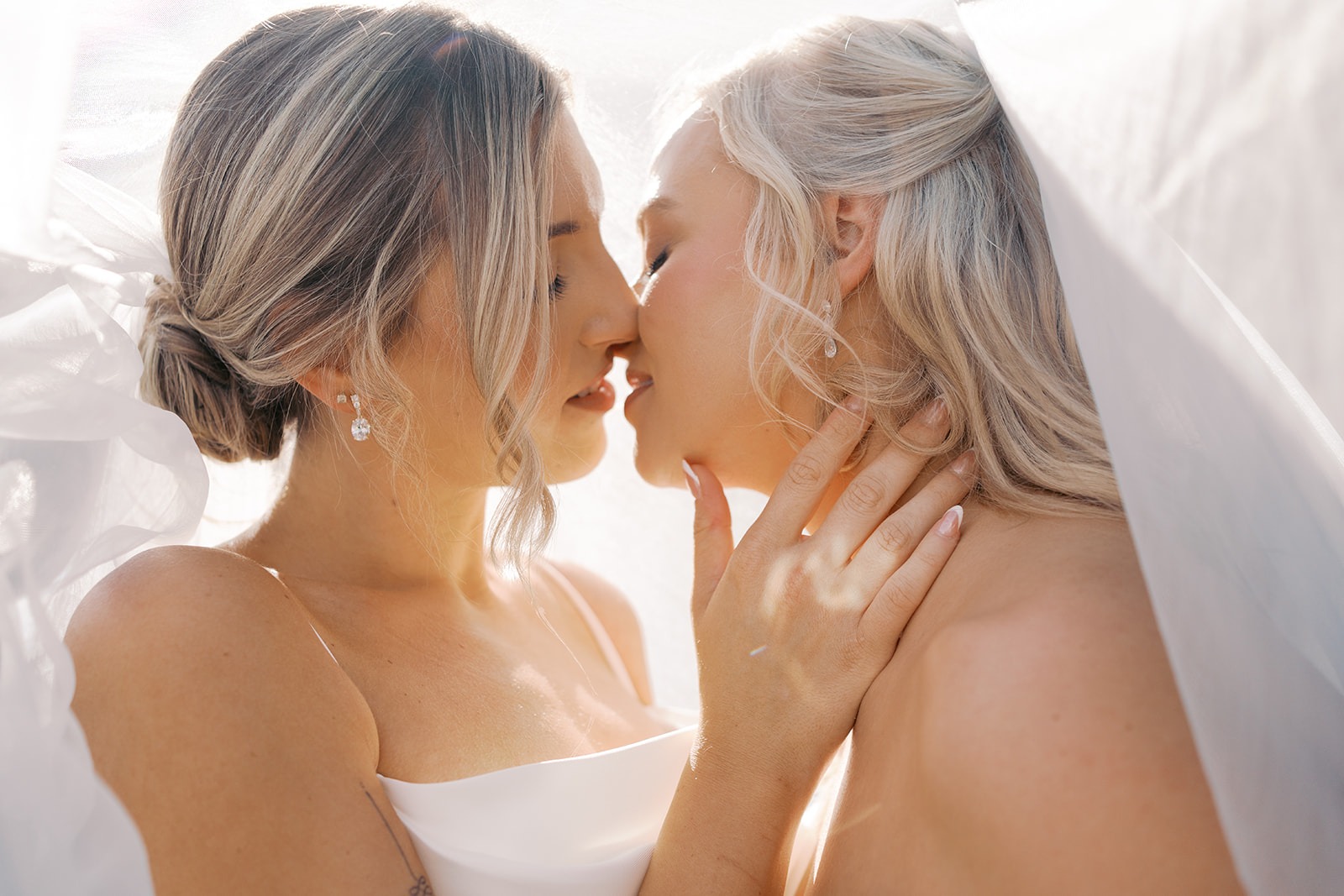 two brides kissing under the veil