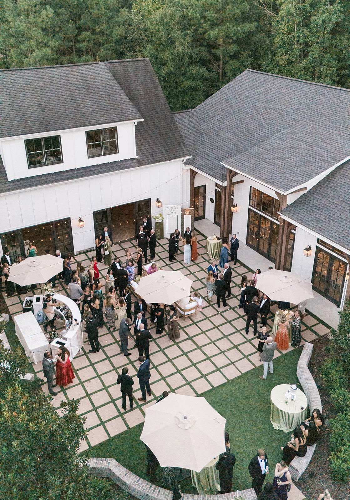 aerial view of cocktail hour on the terrace at the bradford