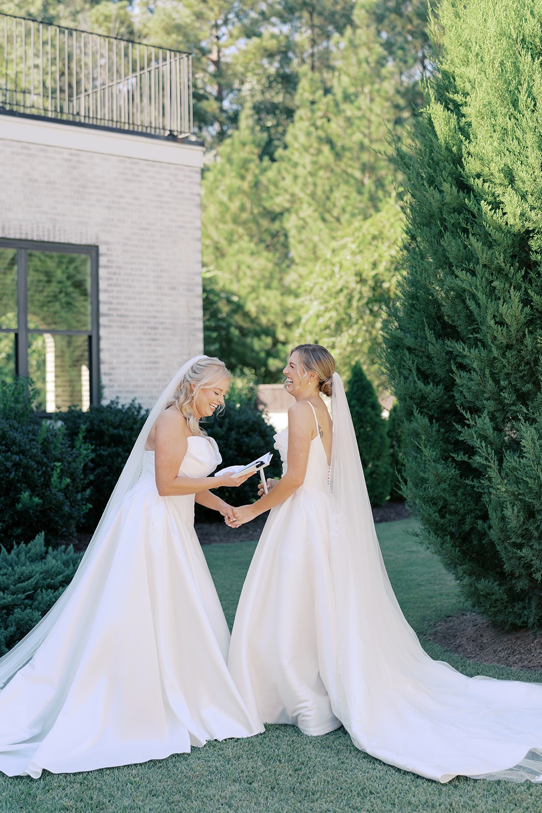 two brides first look and private vows at their north carolina lesbian wedding
